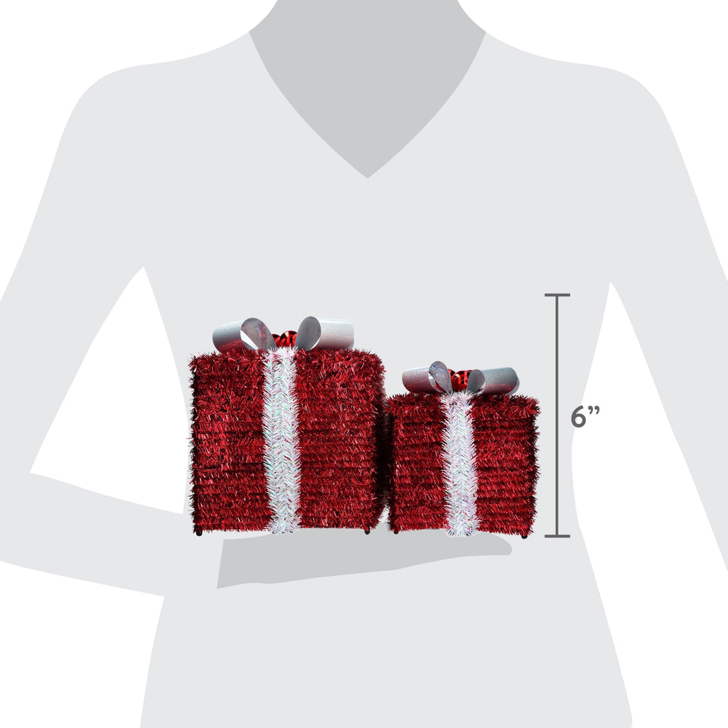 Tinsel Gift Boxes Christmas Decorations, Red and Silver, 2 Piece, by Holiday Time