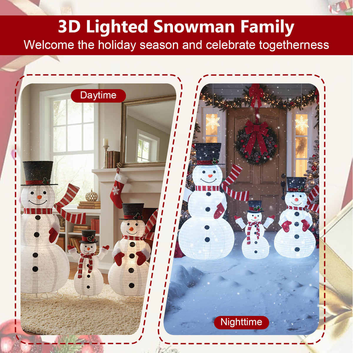 Costway 3PCS Pre-Lit 3D Snowman Set with 270 LED Lights for Home Lawn Yard Garden Plug in