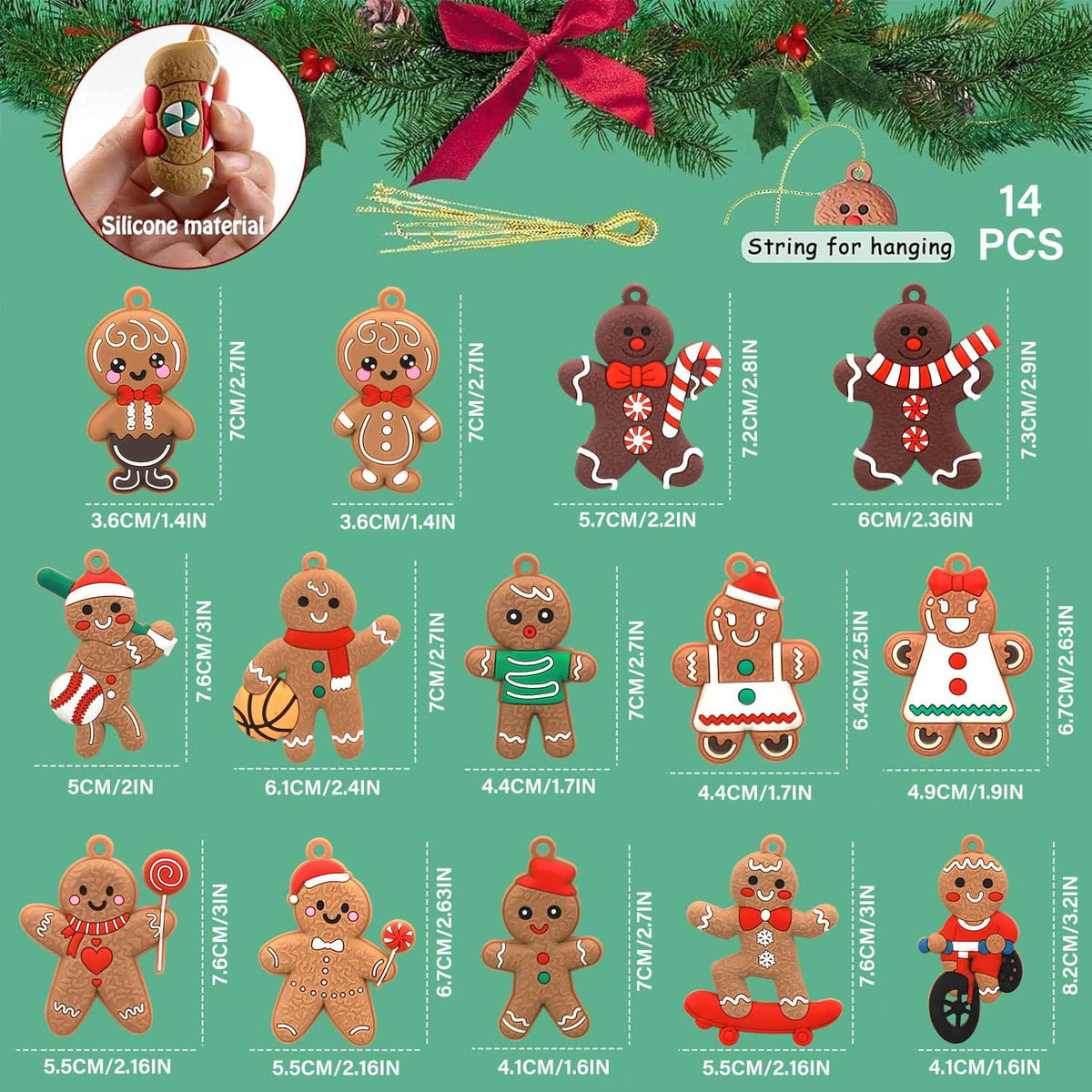 Ayieyill 14Pcs Christmas Ornaments Gingerbread Christmas Tree Decorations Holiday Decor (Classic)