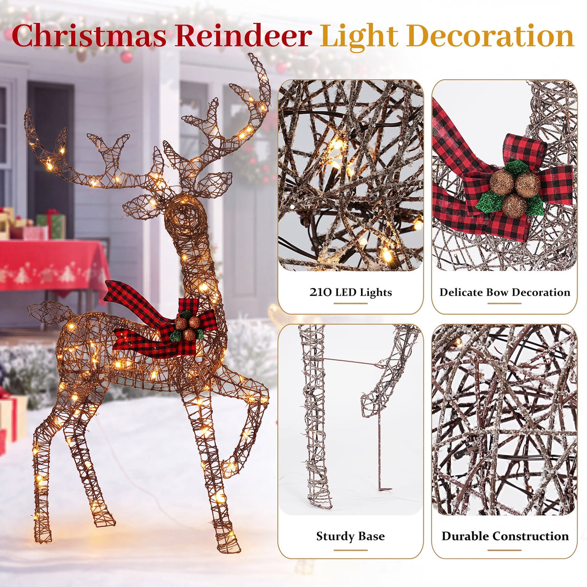 FOOWIN 3-Piece Large Christmas Deer Family, Lighted Outdoor Christmas Decoration, Champagne Gold