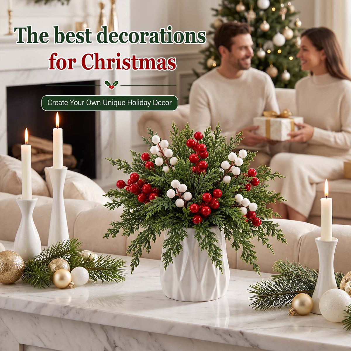 Ayieyill 39 Pack Artificial Pine Branches, 13.5 Inch Christmas Greenery Stems with Red & White Berries for Vase DIY Christmas Decorations Indoor