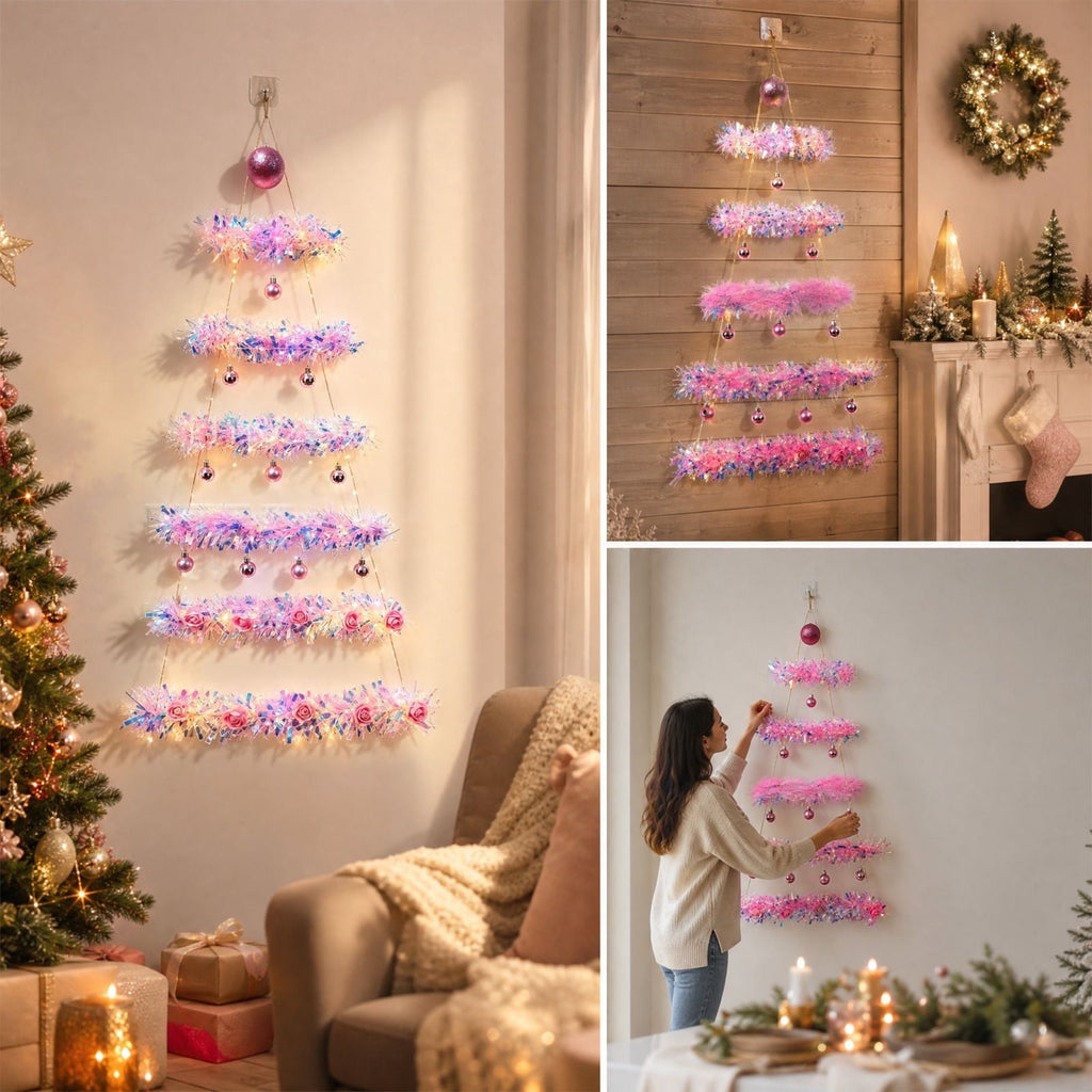 DIY Wall Mounted Christmas Trees with LED Light, Wall Hanging Christmas Tree, Space-Saving Christmas Decor Ideas for Small Space Home Holiday Decoration, 100x40cm