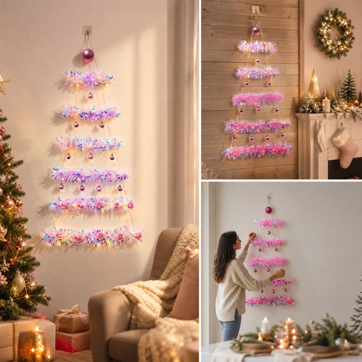 DIY Wall Mounted Christmas Trees with LED Light, Wall Hanging Christmas Tree, Space-Saving Christmas Decor Ideas for Small Space Home Holiday Decoration, 100x40cm