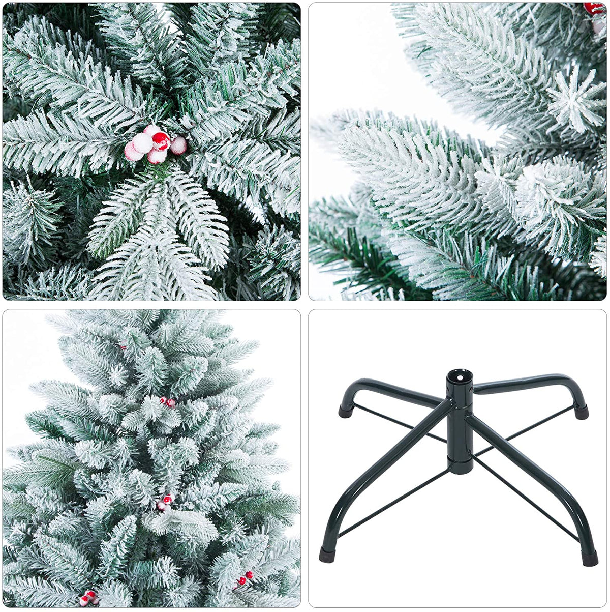 Senjie Snow Flocked Christmas Tree,Real Touch Artificial Tree with Red Berry Unlit 4.5 FT