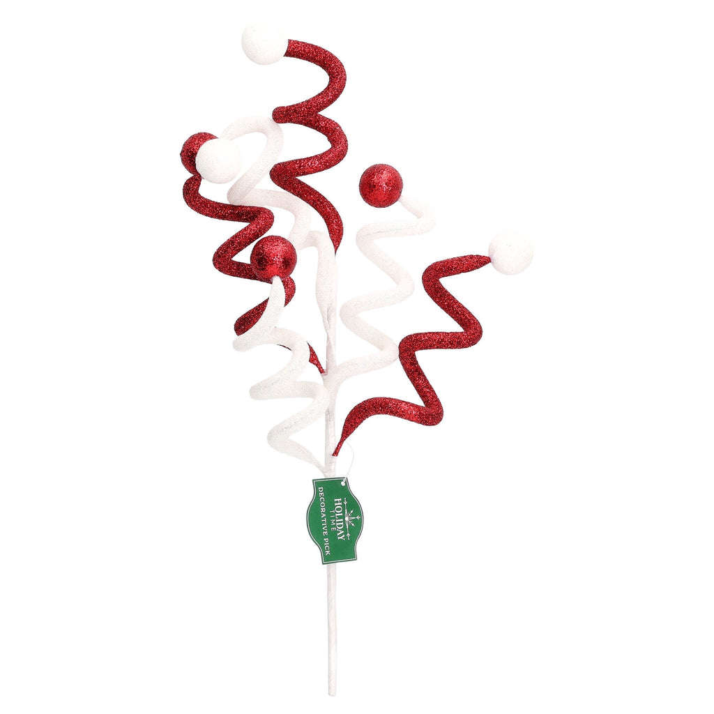 Red and White Glitter Curly Decorative Christmas Pick, 18", by Holiday Time