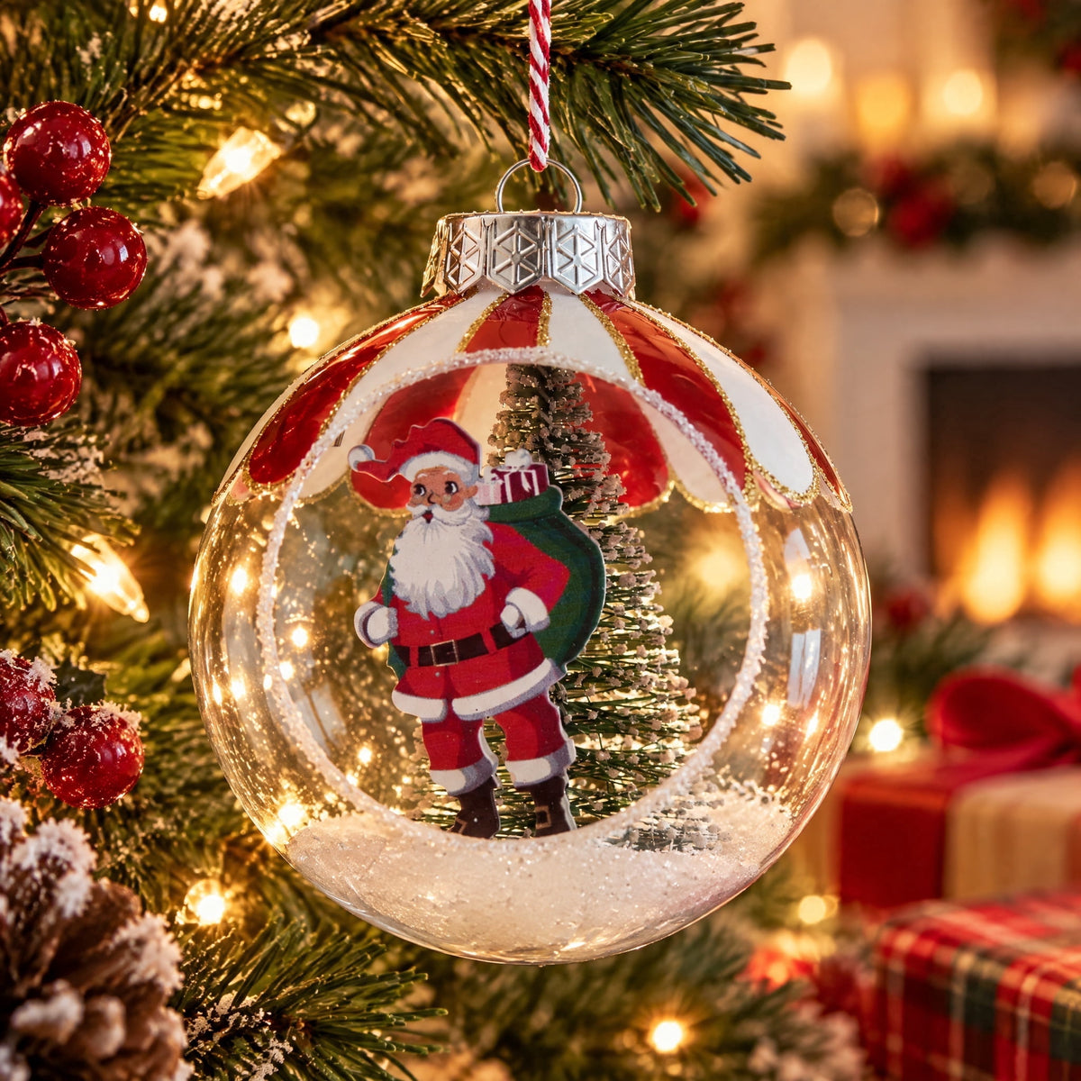 Red and White Santa Bottle Brush Tree Scene Ball Christmas Ornament, 4", by Holiday Time