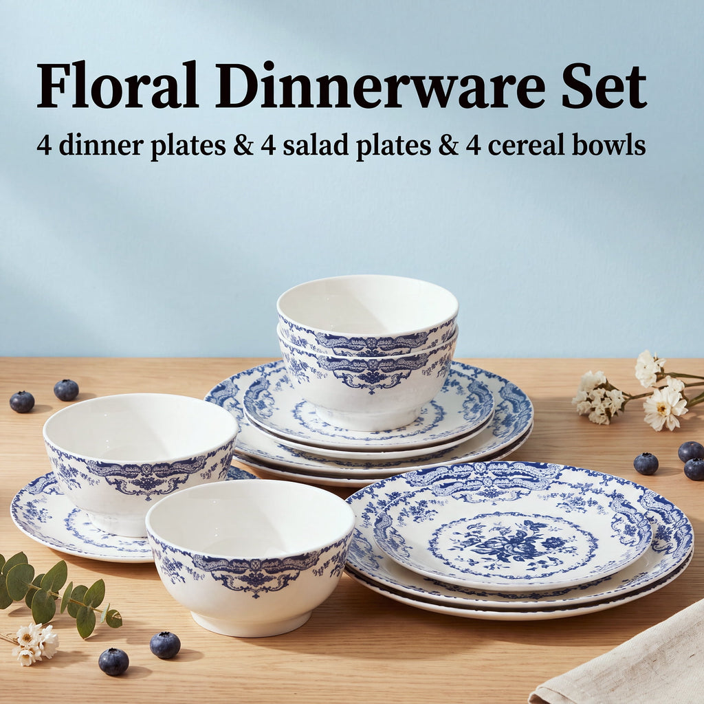 Onader 12 Piece Tableware Set, Rose Floral Dinnerware Set for 4, Ceramic Plates and Bowls Sets for Home Kitchen Restaurant, Scratch Resistant & Microwave Safe, Red