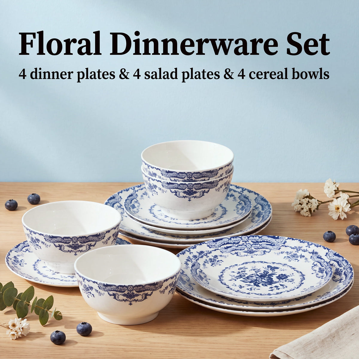 Onader 12 Piece Tableware Set, Rose Floral Dinnerware Set for 4, Ceramic Plates and Bowls Sets for Home Kitchen Restaurant, Scratch Resistant & Microwave Safe, Red