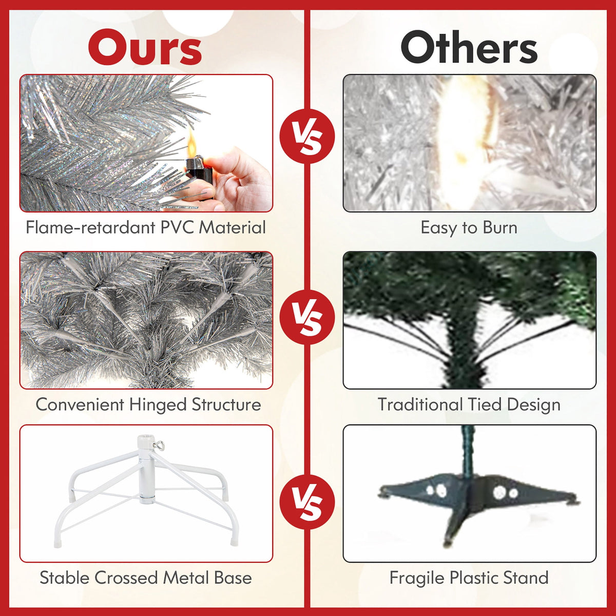 Gymax 7 FT Pre-Lit Artificial Christmas Tree Silver Tinsel Hinged Xmas Tree
