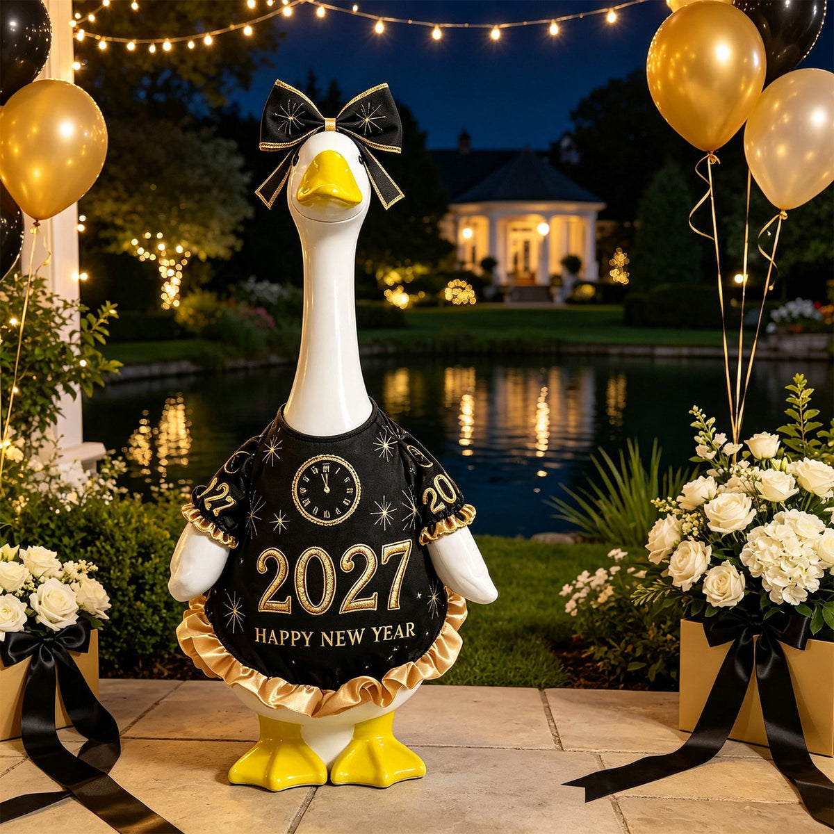 AZXY Thanksgiving Porch Goose Outfit, 23 Inch Lawn Goose Costume with Pilgrim Hat & Pumpkin Turkey Print Dress, Goose Clothes for Cement Plastic Goose Statue, Outdoor Yard Patio Fall Garden Decor