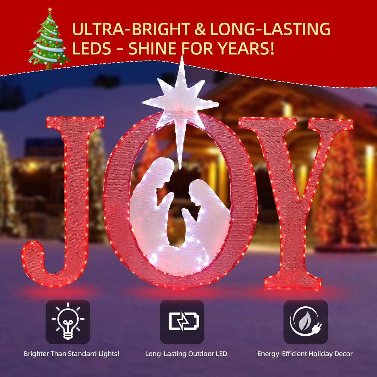 Starfree 49-inch Outdoor Nativity Decoration Lighted JOY Sign with Outdoor Christmas Yard Decorations Hanging and Standing Options for Porch & Garden