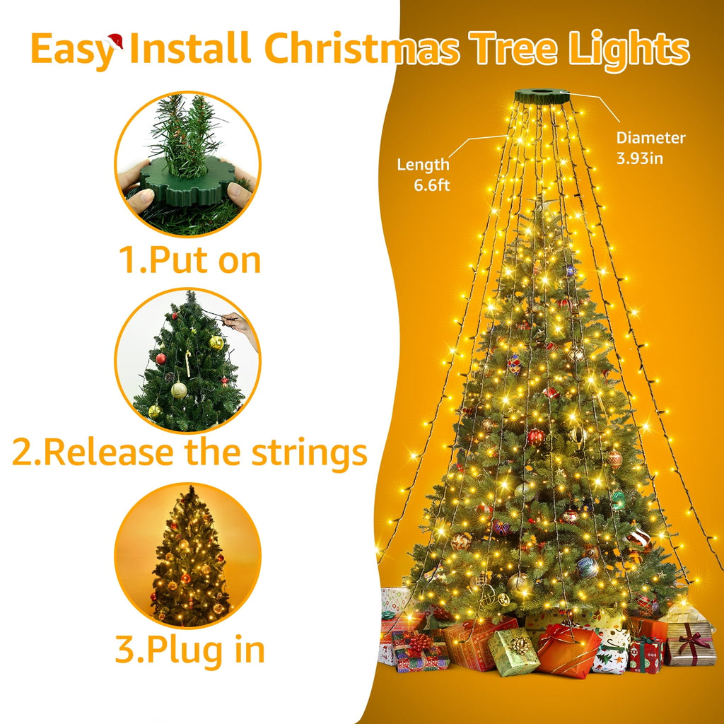 Ollny Christmas Tree Lights with Ring, 8 Modes & 3 Timers Cascading Twinkle Lights for Christmas Tree, 200 LED 6.6FT*10 Lines Waterfall Lights for Indoor Outdoor Xmas Decoration (Warm White)