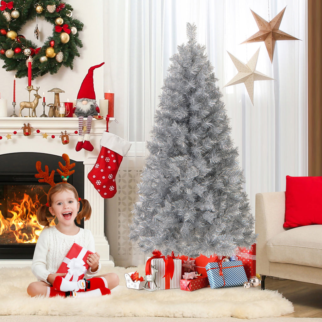 Gymax 7 FT Pre-Lit Artificial Christmas Tree Silver Tinsel Hinged Xmas Tree