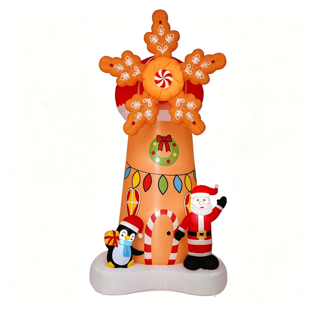Firstness 7.7Ft High Christmas Inflatables Spinning Windmill with Santa and Penguin, Christmas Blow ups with LED Lights, Outdoor Yard Decoration