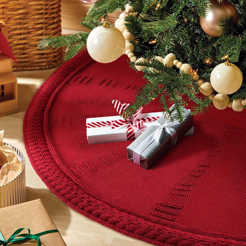 Ayieyill Christmas Tree Skirt, 48 inches Cable Knit Knitted Thick Rustic Xmas Tree Skirts Decoration, Red Tree Skirt Christmas Decoration, Burgundy