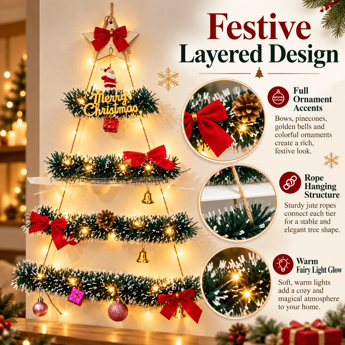 DIY Wall Mounted Christmas Trees with LED Light, Wall Hanging Christmas Tree, Space-Saving Christmas Decor Ideas for Small Space Home Holiday Decoration, 100x40cm