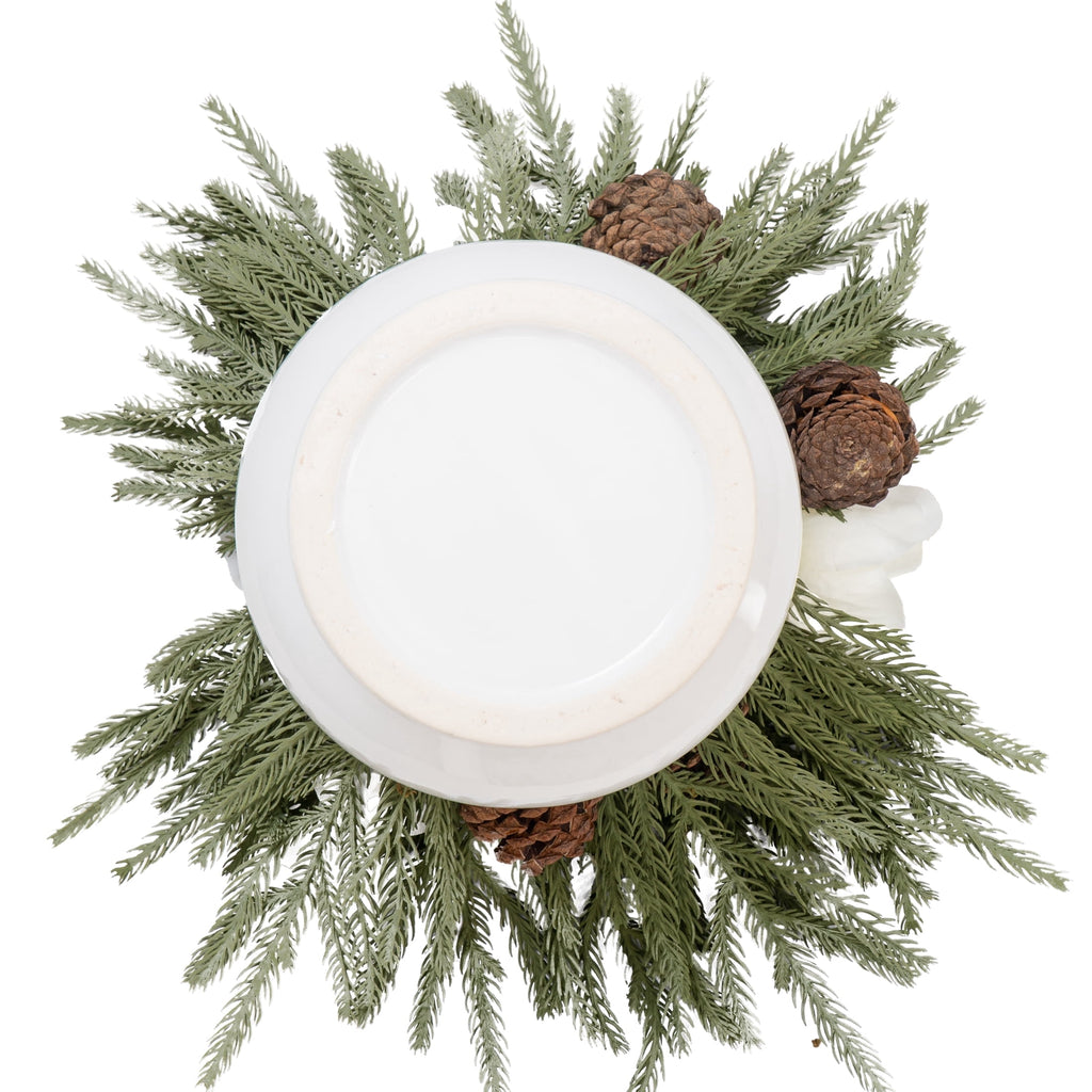 My Texas House Evergreen, Pinecone, and Magnolia Christmas Arrangement in Pot, Green and White, 15"
