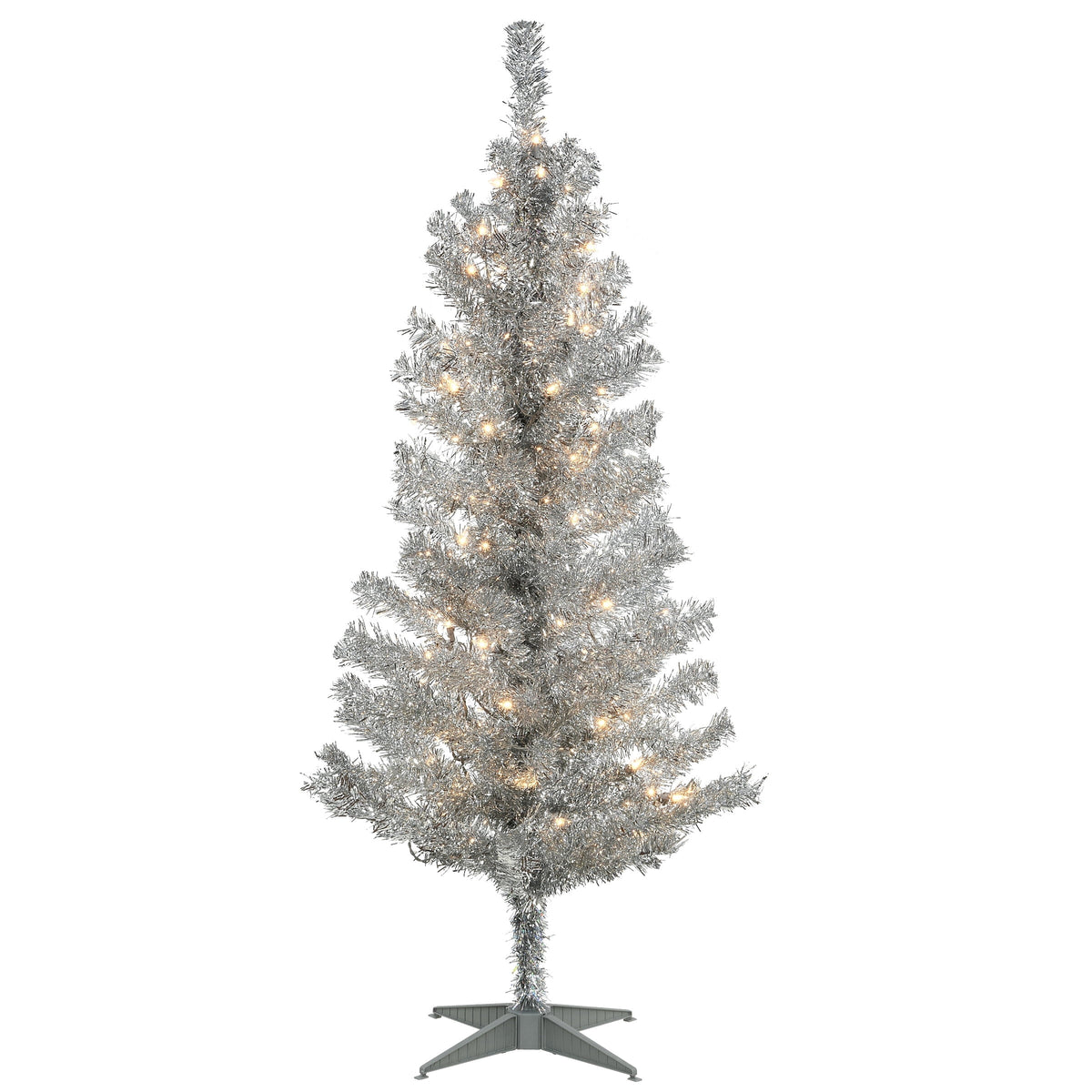 National Tree Company 4 ft. Pre-Lit Artificial Silver Tinsel Christmas Tree, Clear Lights, Includes Stand