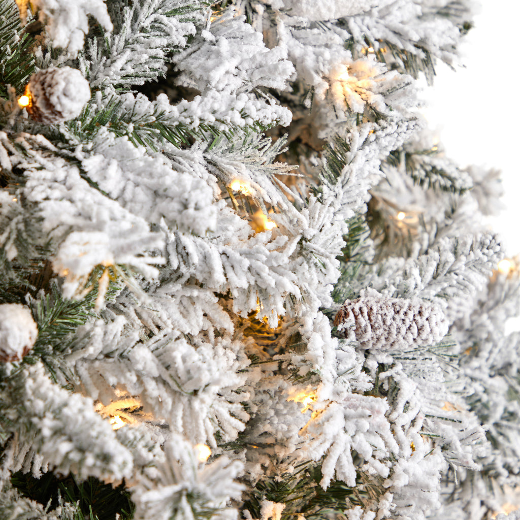 Nearly Natural River Mountain Clear Prelit LED Green Flocked Pine Christmas Tree, with Pinecones 9'