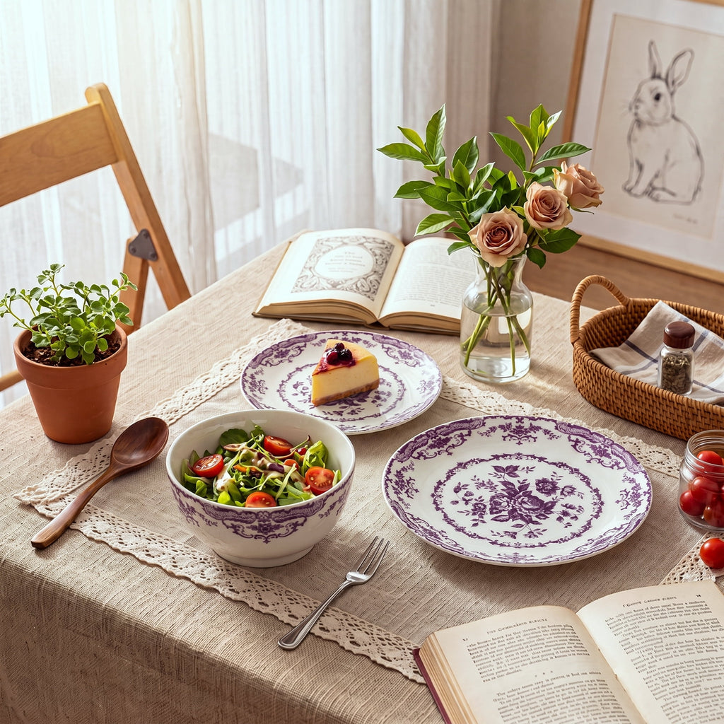 Onader 12 Piece Tableware Set, Rose Floral Dinnerware Set for 4, Ceramic Plates and Bowls Sets for Home Kitchen Restaurant, Scratch Resistant & Microwave Safe, Red