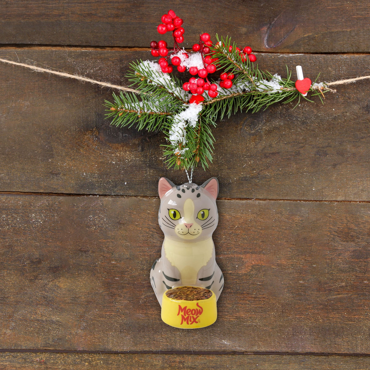 Meow Mix Figural Christmas Tree Ornament - Gray Cat with Food Bowl, Holiday Decoration
