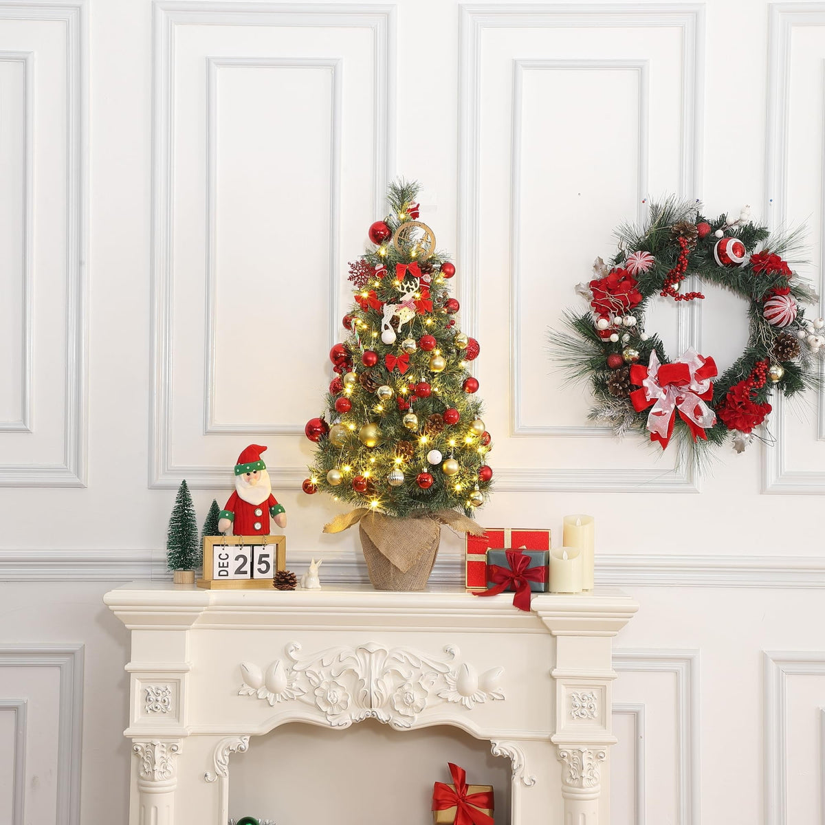 Huisuilinss Artificial Mini Christmas Tree,3FT Pre-Lit Christmas Tree,Tabletop Christmas Tree With Led Lights,Battery Powered Xmas Decoration For Fireplace Office Home Decor Indoor