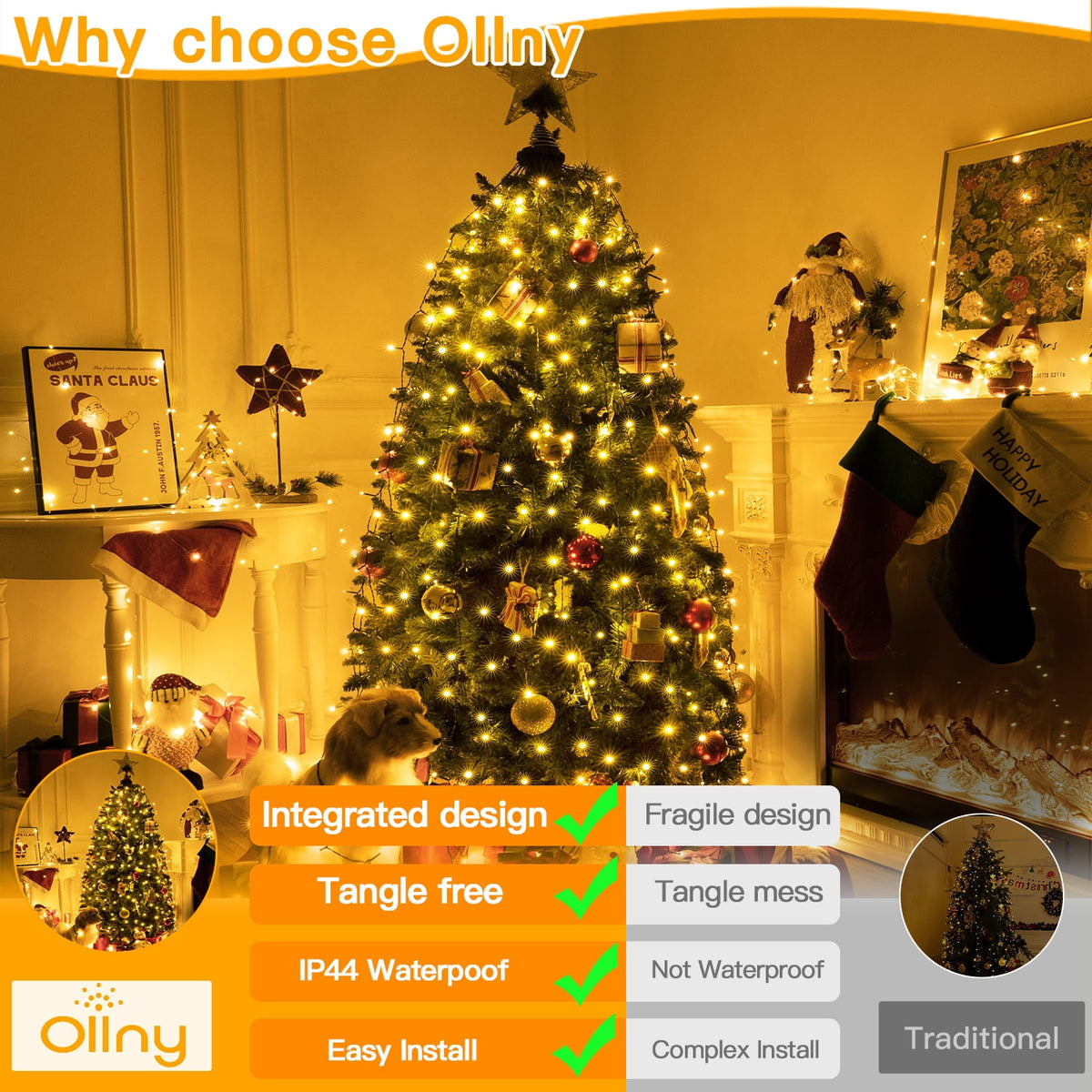 Ollny Christmas Tree Lights with Ring, 8 Modes & 3 Timers Cascading Twinkle Lights for Christmas Tree, 200 LED 6.6FT*10 Lines Waterfall Lights for Indoor Outdoor Xmas Decoration (Warm White)
