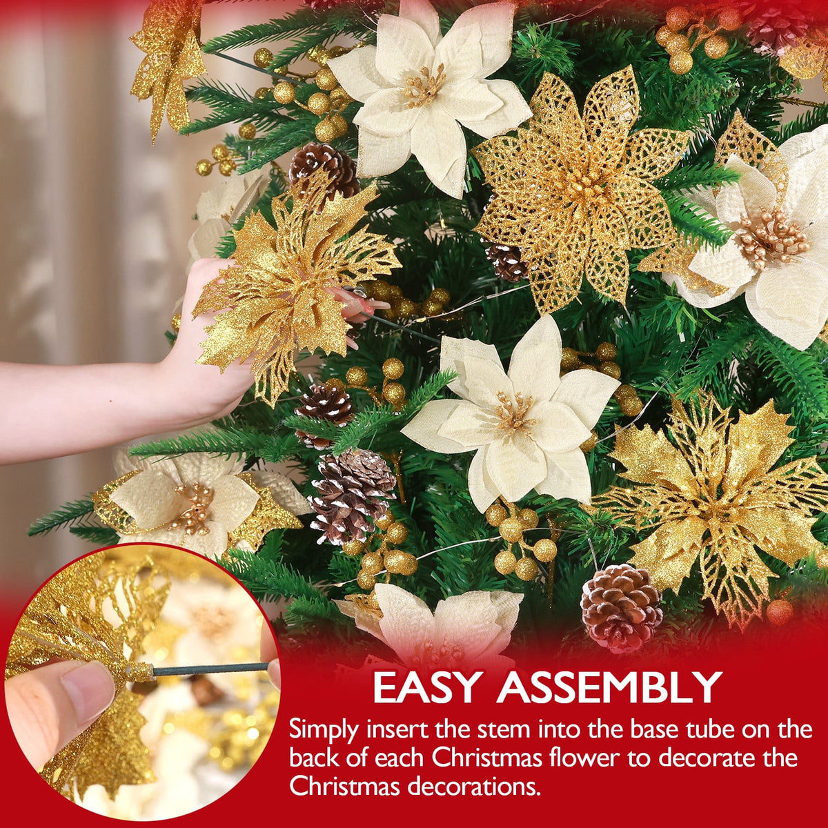 Ayieyill 56Pcs Poinsettia Christmas Flowers Decorations Christmas flower ornaments Artificial Glitter Berry Stems Christmas Pine Cones Christmas Tree Ornaments Set Christmas Tree Decorations (Blue)