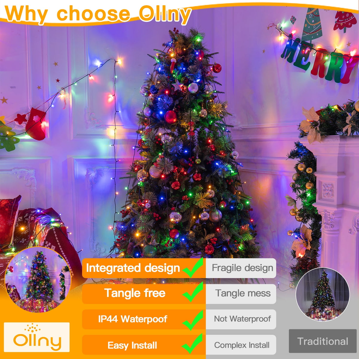 Ollny Christmas Tree Lights with Ring, 8 Modes & 3 Timers Cascading Twinkle Lights for Christmas Tree, 200 LED 6.6FT*10 Lines Waterfall Lights for Indoor Outdoor Xmas Decoration (Warm White)