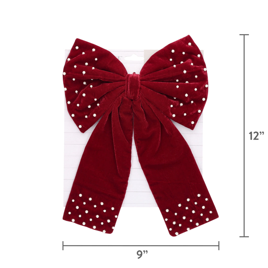My Texas House Burgundy Beaded Velvet Decorative Christmas Bow, 12"