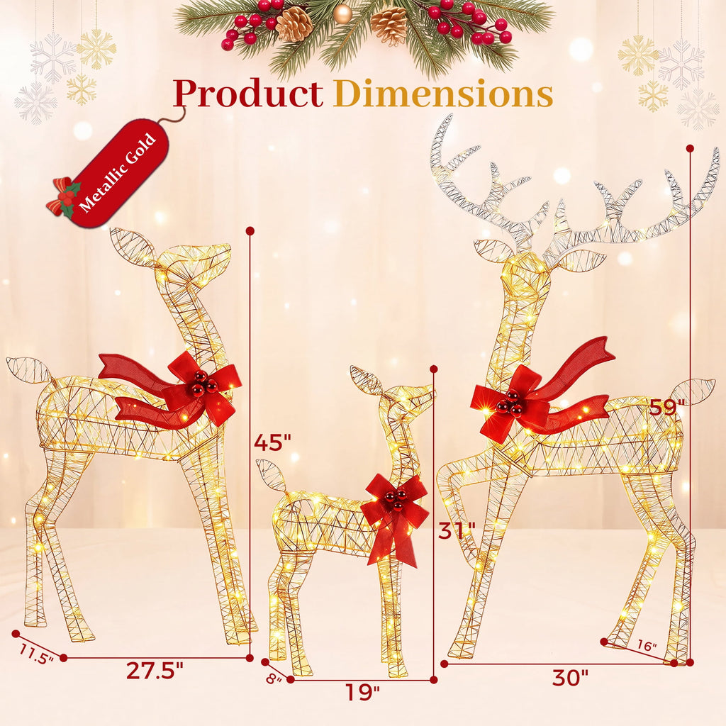 FOOWIN 3-Piece Large Christmas Deer Family, Lighted Outdoor Christmas Decoration, Champagne Gold