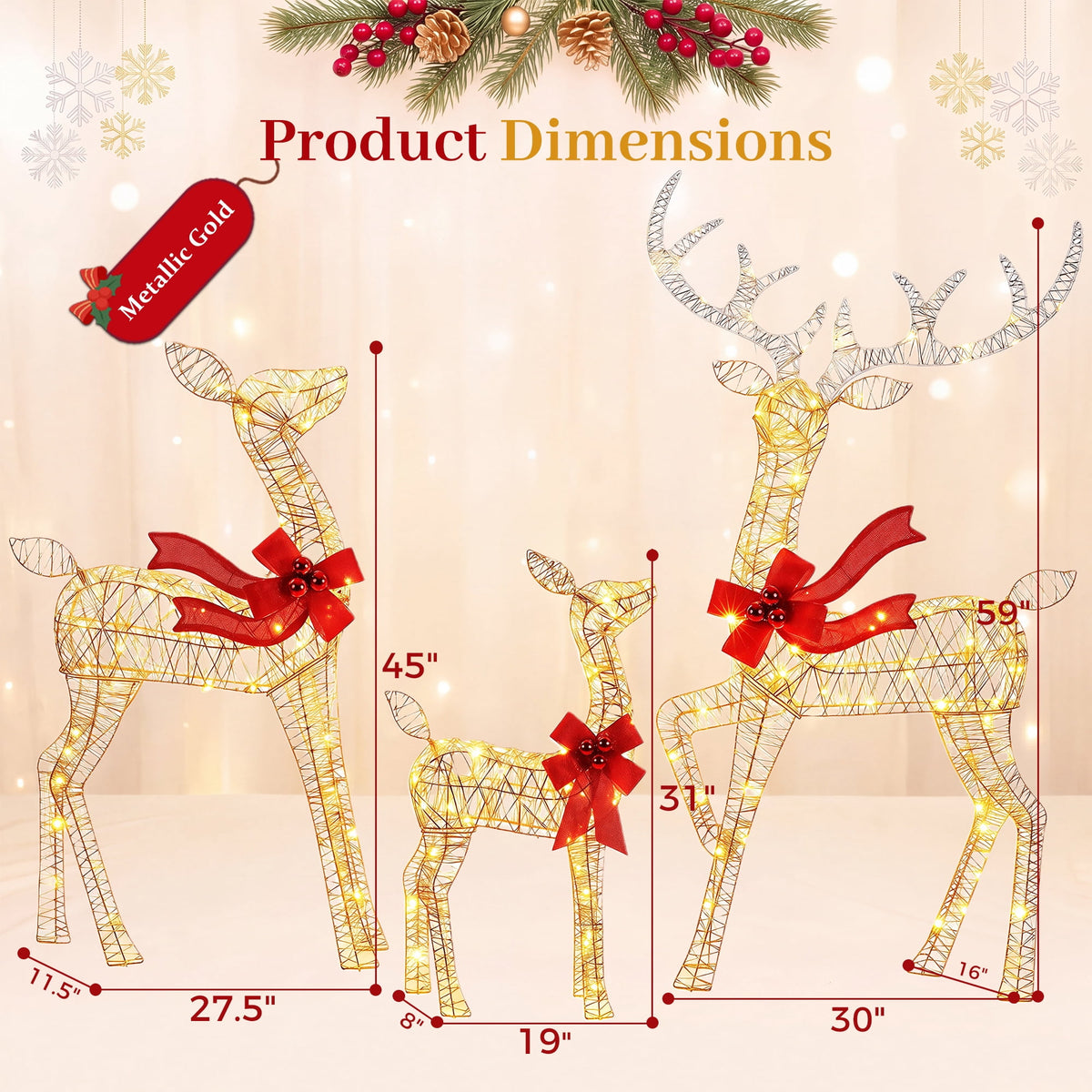 FOOWIN 3-Piece Large Christmas Deer Family, Lighted Outdoor Christmas Decoration, Champagne Gold