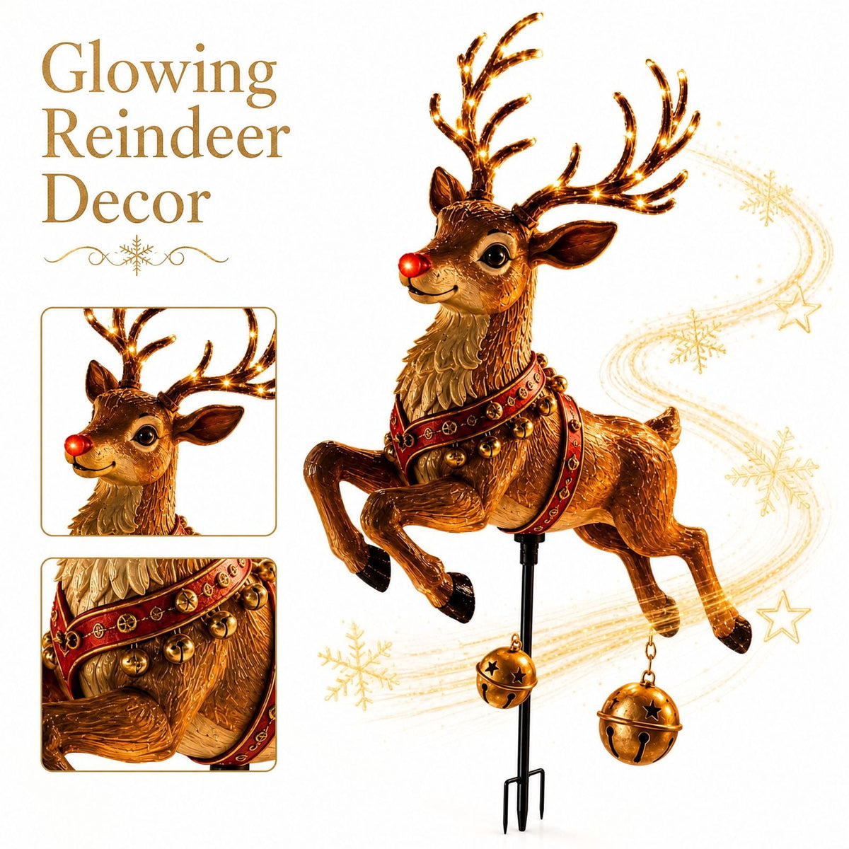 Christmas Reindeer Lighted Yard Stake, Bell and Snowflake Outdoor Decor for Lawn Garden Pathway Porch Holiday Display, 31.9 in