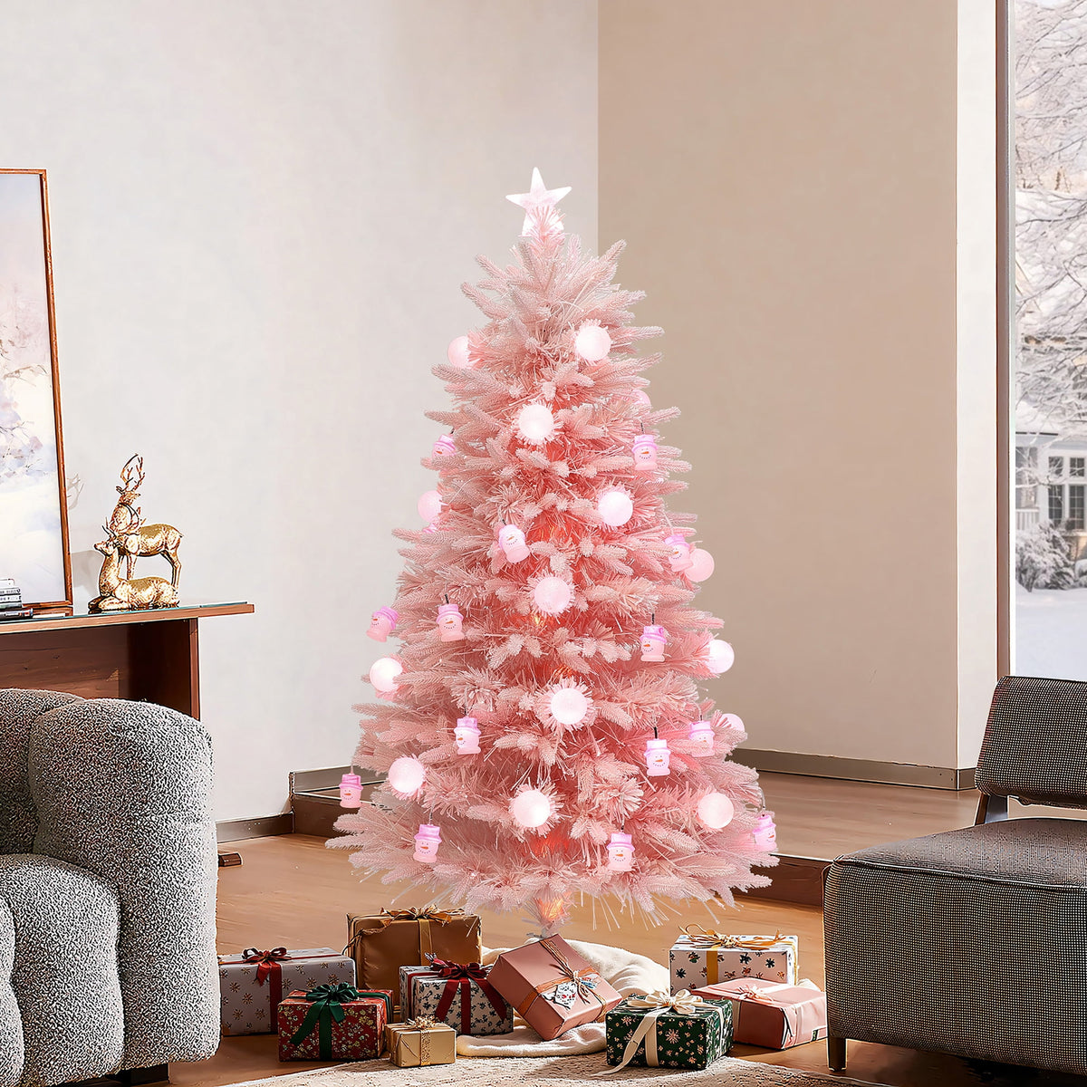 LuxenHome 5Ft Pink Cherry Blossom Christmas Tree with Fiber Optic Lights & Snowman Star Topper