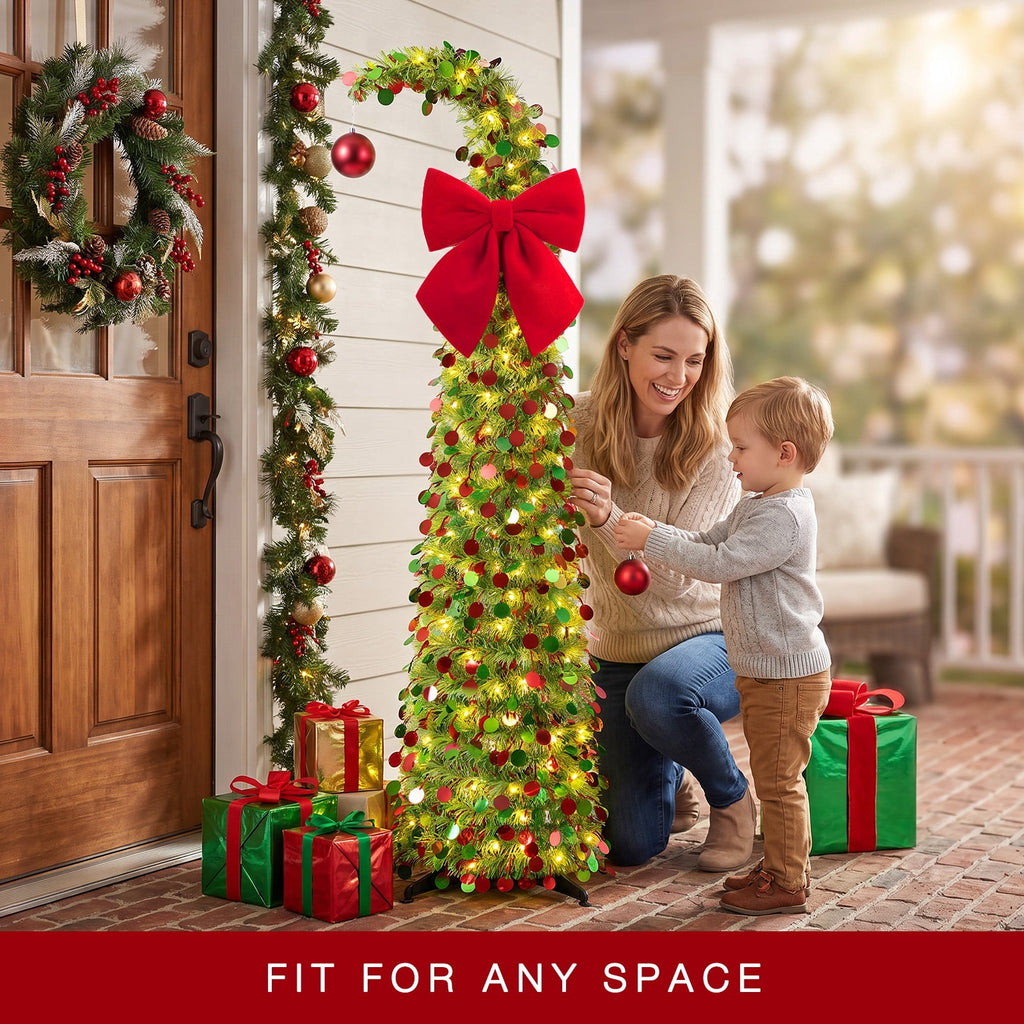Ayieyill Christmas Tree 5FT Pencil Christmas Tree, Collapsible Pop up Tinsel Tree for Christmas Decorations Indoor, Pink