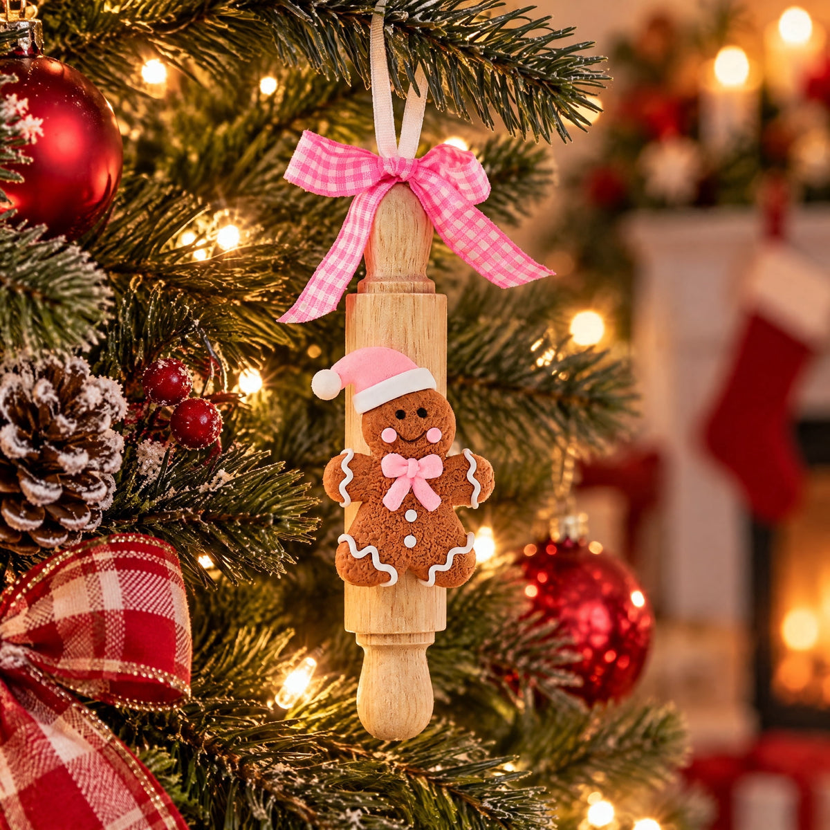 Pink and White Clay Dough Gingerbread Rolling Pin Christmas Ornament, 5.3", by Holiday Time