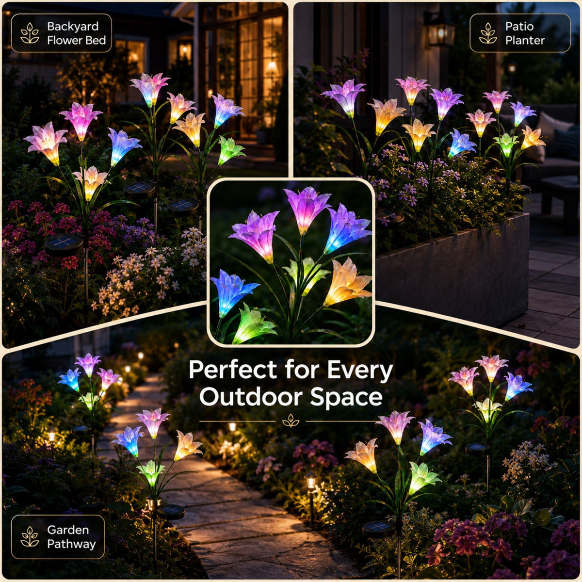 Solar Garden Lights Outdoor, 2 Pack 8 Lily, Solar Flowers Light Waterproof, Multi-color Changing LED Solar Stake Lights for Outside Patio Garden Pathway Yard Decoration
