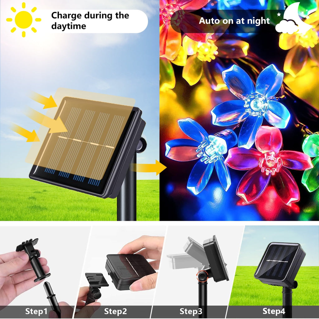 Rirool Cherry Blossom Solar String Lights Outdoor, 23FT 50 LED Flower Fairy Lights with 2 Lighting Modes, IP65 Waterproof Auto On/Off for Garden Patio Wedding Christmas Decor, Multicolor