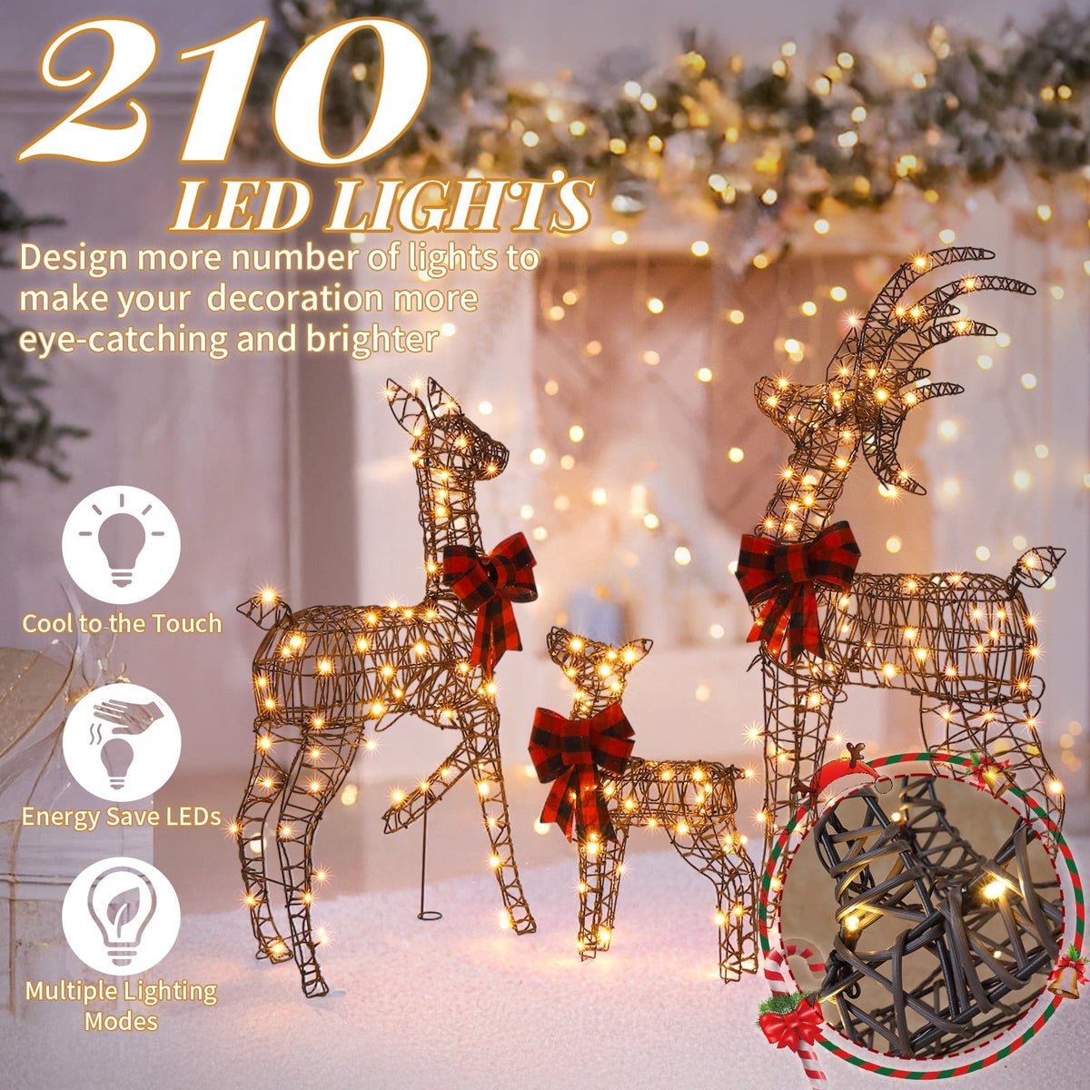 Ktaxon Christmas Outdoor Decor 4FT Lighted Reindeer Set 3Pcs Yard Deer Decorations LED Lights - Gold