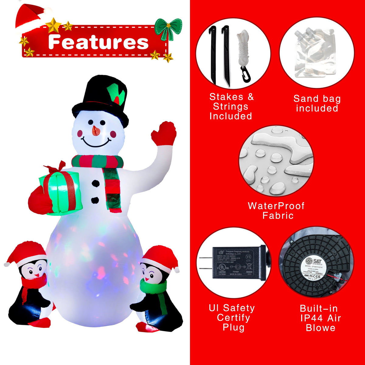 Yexmas 6.3 FT Christmas Inflatable Snowman with Penguins and Gift Box, Rotating LED Lights, Outdoor Christmas Blow Up Yard Decoration