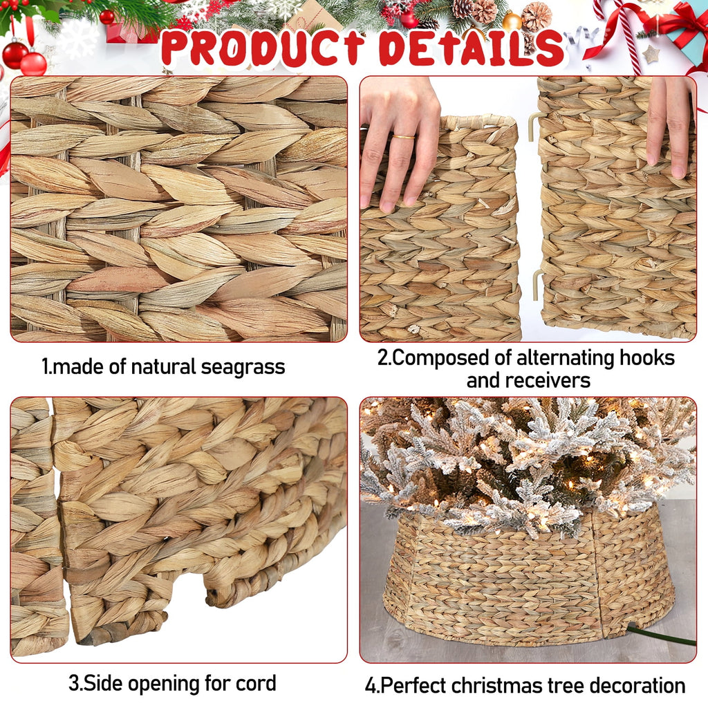 Ayieyill 26in Woven Hyacinth Christmas Tree Collar, Christmas Tree Decorations, Tree Skirt Accessory w/ Cord Cut-Out | Natural