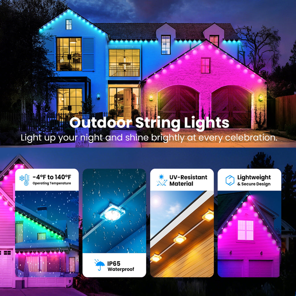 DAYBETTER 50ft Permanent Outdoor Lights, RGB Eaves String Lights with 25LED, Remote/APP Control, IP65 Waterproof, for Garden Halloween Christmas Party Decorations