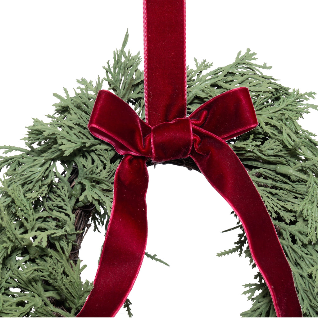 My Texas House Evergreen Artificial Christmas Wreath with Velvet Ribbon, Green and Red, 12"