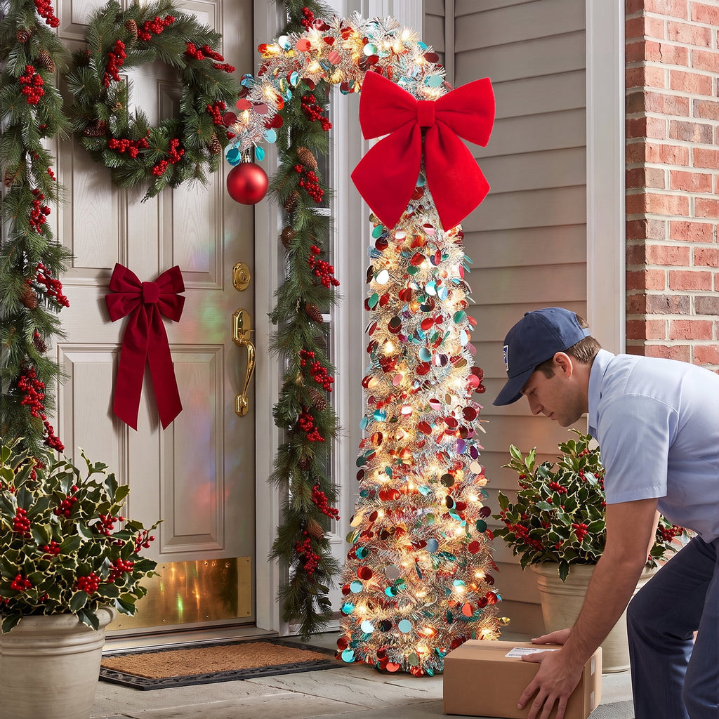 Ayieyill Christmas Tree 5FT Pencil Christmas Tree, Collapsible Pop up Tinsel Tree for Christmas Decorations Indoor, Pink