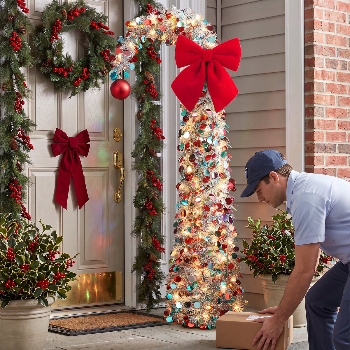 Ayieyill Christmas Tree 5FT Pencil Christmas Tree, Collapsible Pop up Tinsel Tree for Christmas Decorations Indoor, Pink