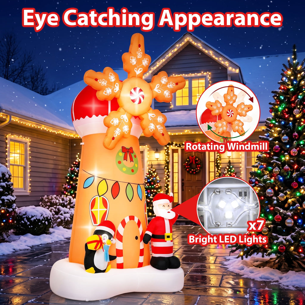Firstness 7.7Ft High Christmas Inflatables Spinning Windmill with Santa and Penguin, Christmas Blow ups with LED Lights, Outdoor Yard Decoration