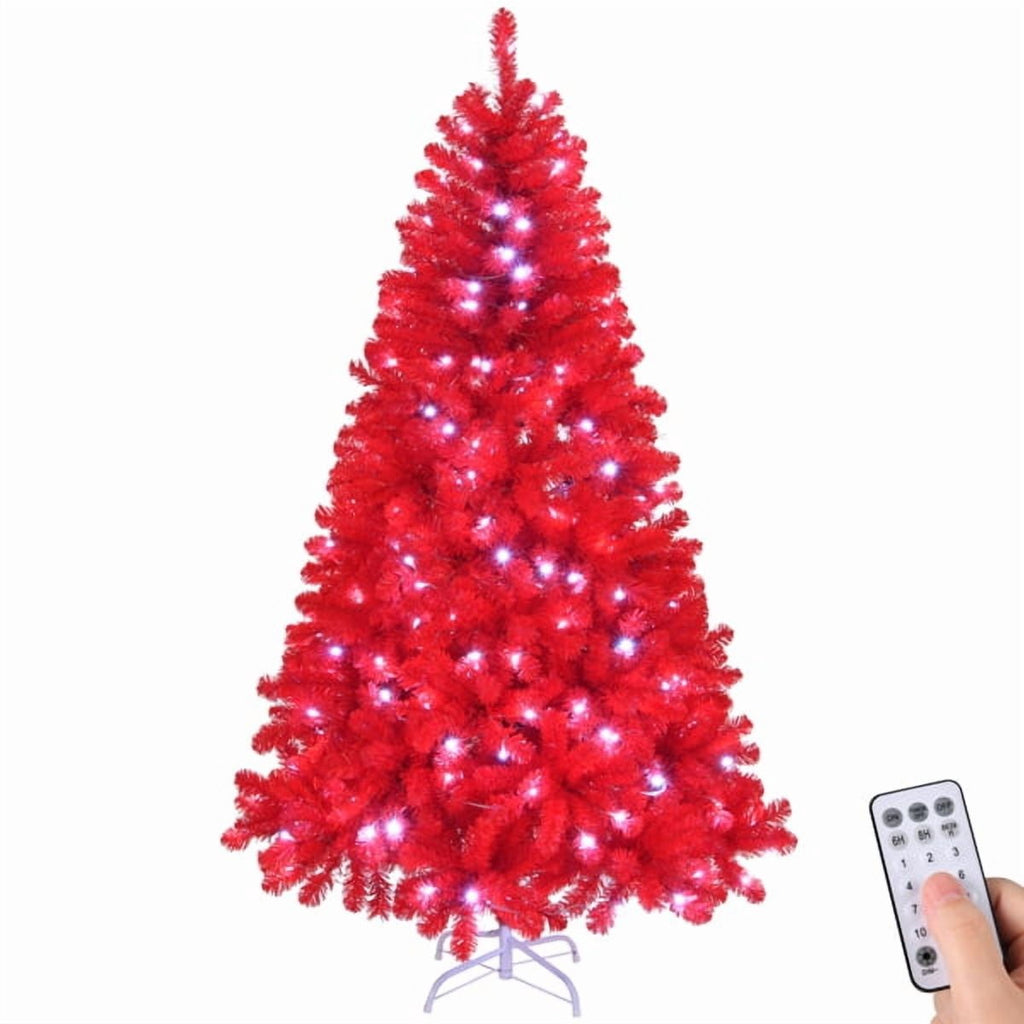 7FT Pre-Lit Red Christmas Tree - 1100 PVC Branch Tips, 400 LEDs, 10 Modes w/Remote, Flame-Retardant Artificial Holiday Centerpiece