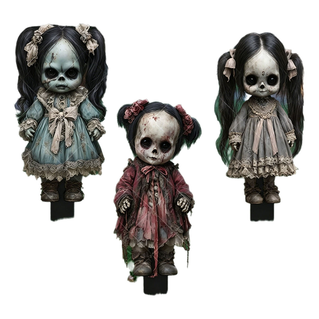 erdimoy 7.87in Tall Creepy Vintage Horror Doll Yard Stakes, 2D Waterproof Acrylic Spooky Ghost Doll Lawn Plug-In Ornaments, Scary Graveyard Garden Pathway Decor for Halloween Outdoor