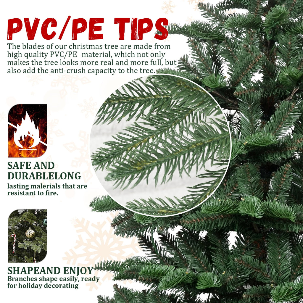 Mayhihi 7FT Pre-Lit Artificial Full Christmas Tree with 400 Lights, Hinged Premium 941 PE & PVC Mixed Branch Tips, Wooden Base, Green