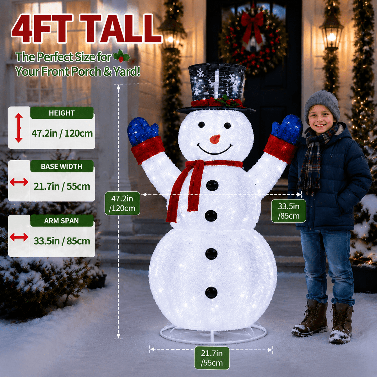 4ft Lighted Christmas Pop Up Snowman, Collapsible Large Velvet Snowman with 120 Cool White LED Lights, Indoor Outdoor Yard Porch Garden Holiday Party Decorations